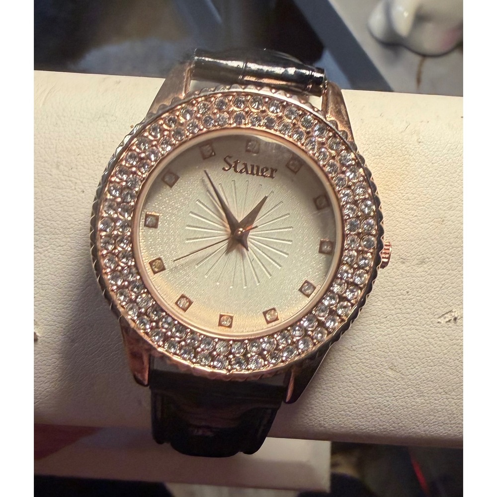 Stauer Sirene Rose Gold Tone Crystal Bezel Black Leather Strap Womens Watch